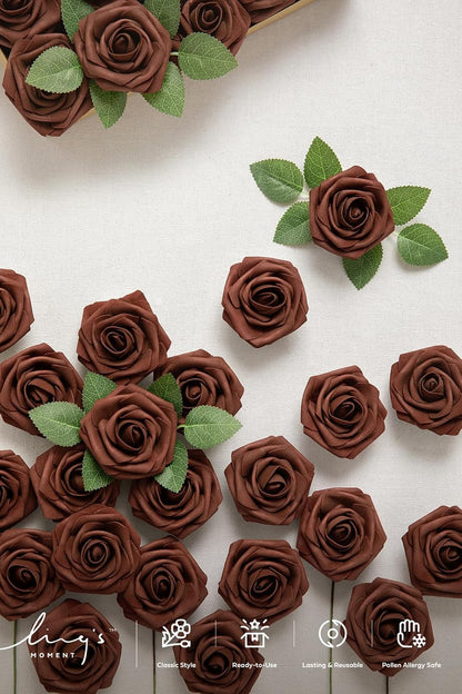 Artificial Flowers Walnut Brown Roses Decor w/Stems - Colors A