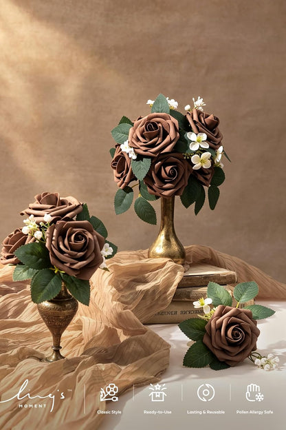 Artificial Flowers Walnut Brown Roses Decor w/Stems - Colors A