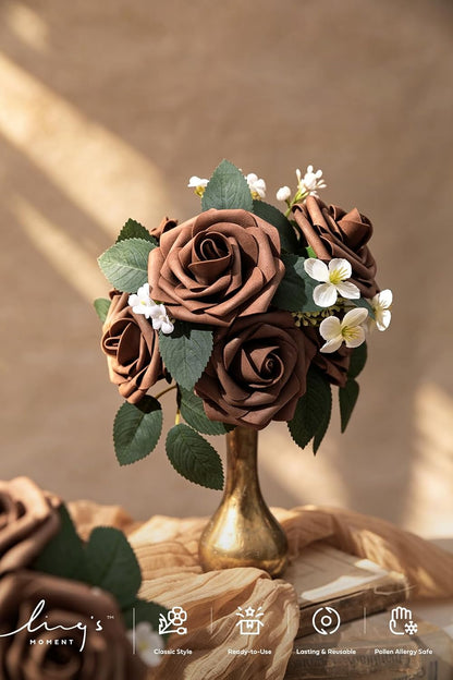 Artificial Flowers Walnut Brown Roses Decor w/Stems - Colors A