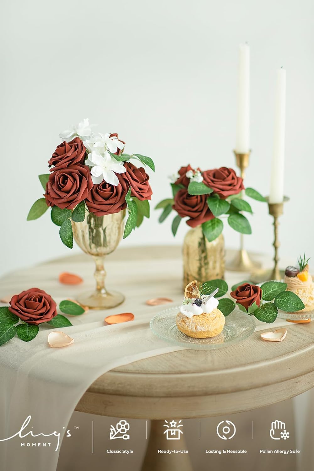 Artificial Flowers Walnut Brown Roses Decor w/Stems - Colors A