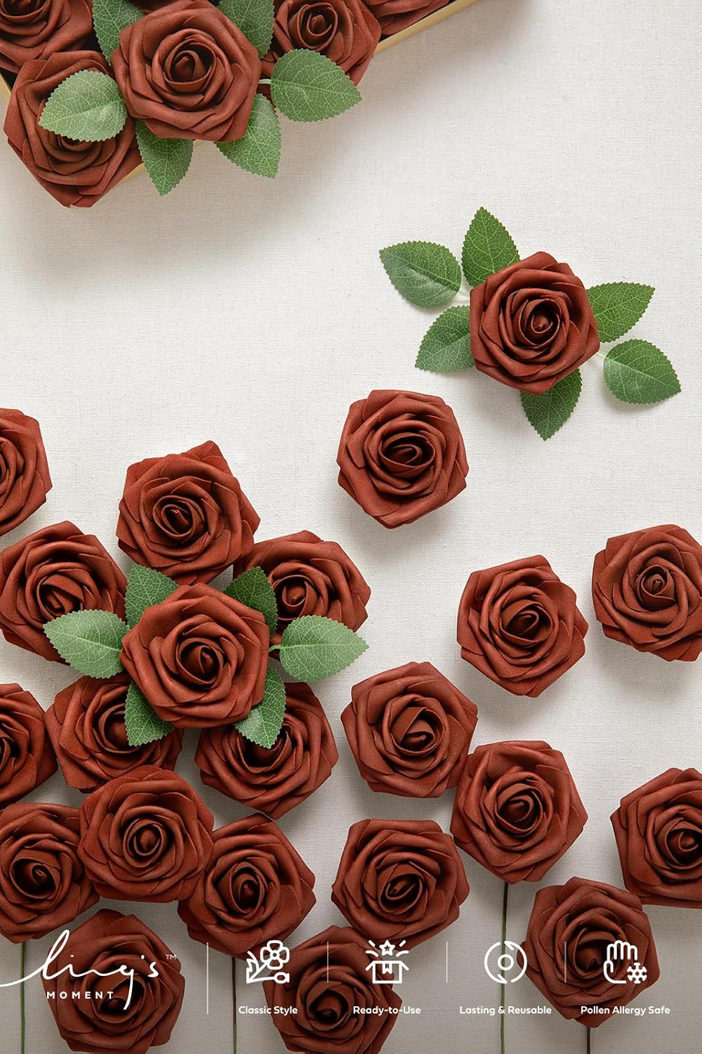 Artificial Flowers Walnut Brown Roses Decor w/Stems - Colors A