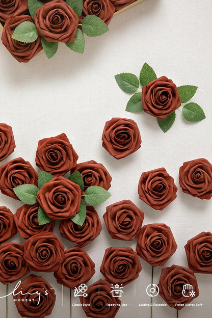 Artificial Flowers Walnut Brown Roses Decor w/Stems - Colors A