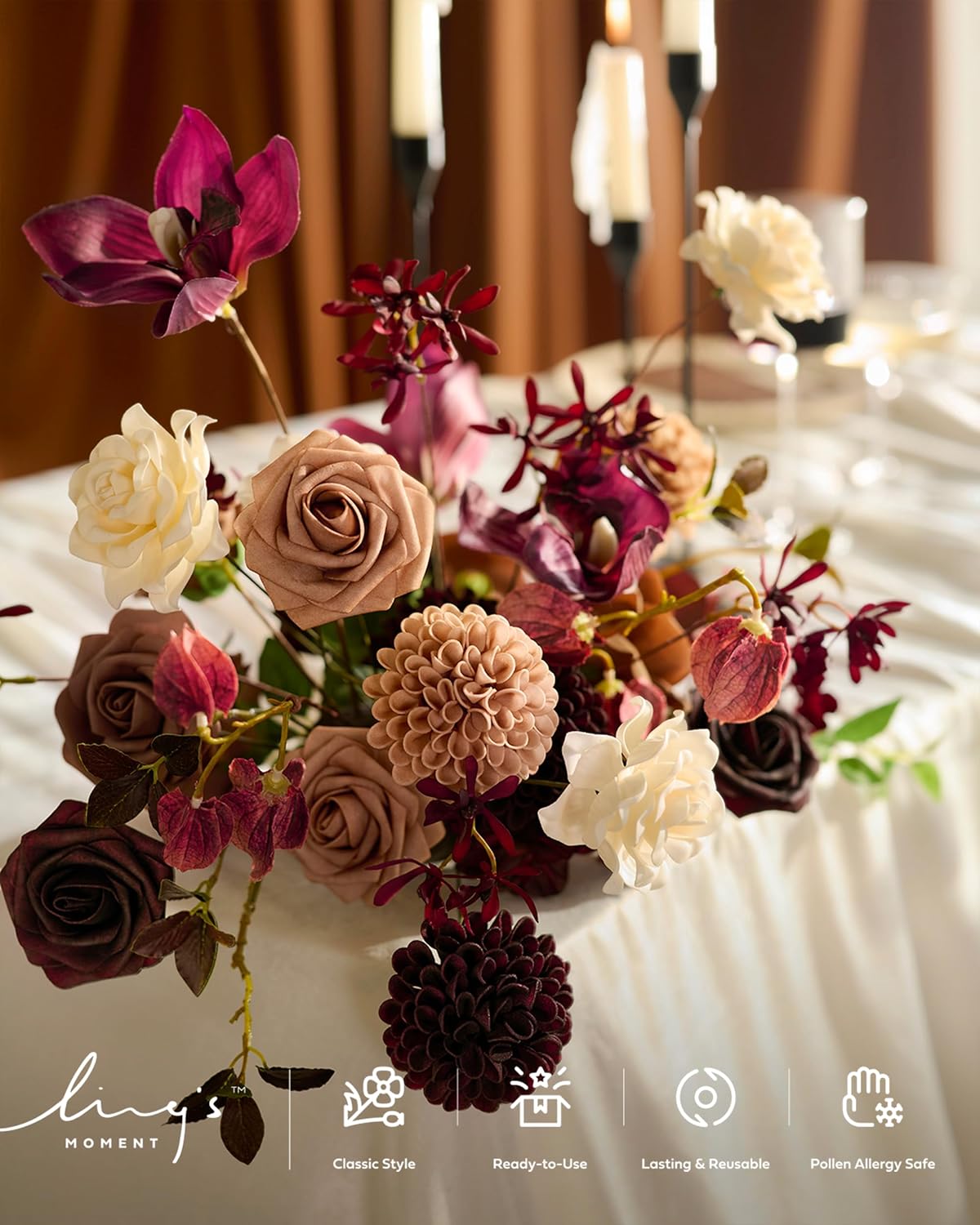 Artificial Flowers Walnut Brown Roses Decor w/Stems - Colors A