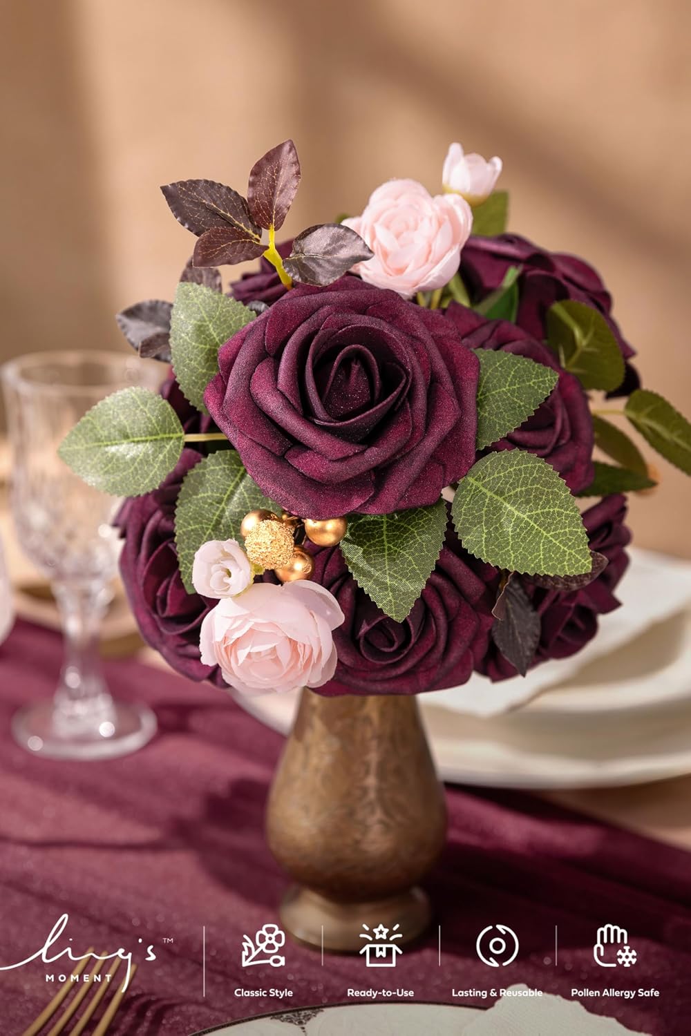 Artificial Flowers Walnut Brown Roses Decor w/Stems - Colors A