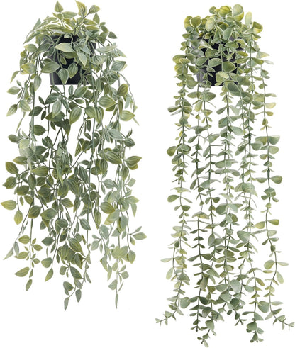 1Pcs Fake Plants Hanging Artificial Potted Faux Eucalyptus Plants for Modern Boho Farmhouse Bathroom Office Desk Wall Art Shelf Living Room Aesthetic Decor Indoor