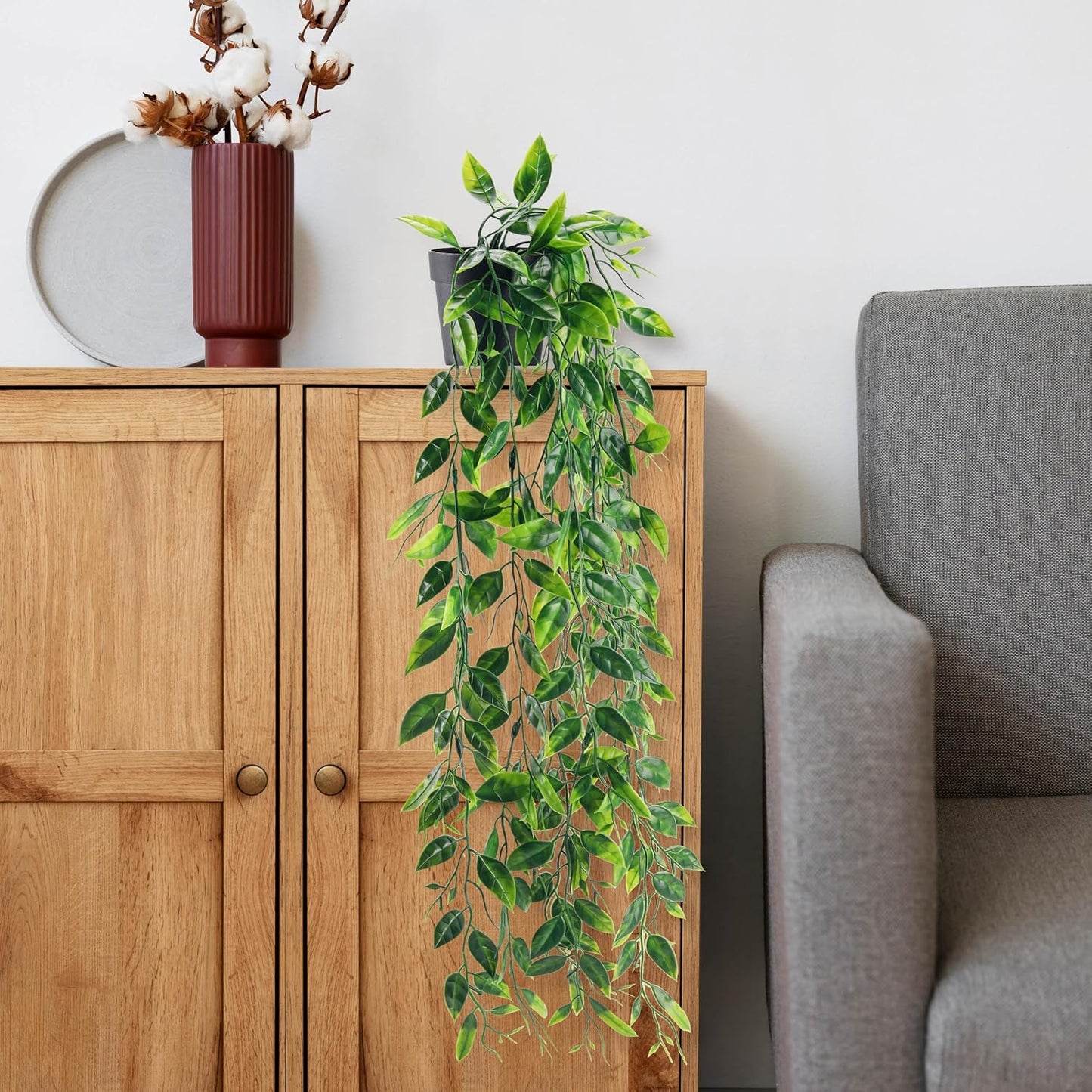 1Pcs Fake Plants Hanging Artificial Potted Faux Eucalyptus Plants for Modern Boho Farmhouse Bathroom Office Desk Wall Art Shelf Living Room Aesthetic Decor Indoor