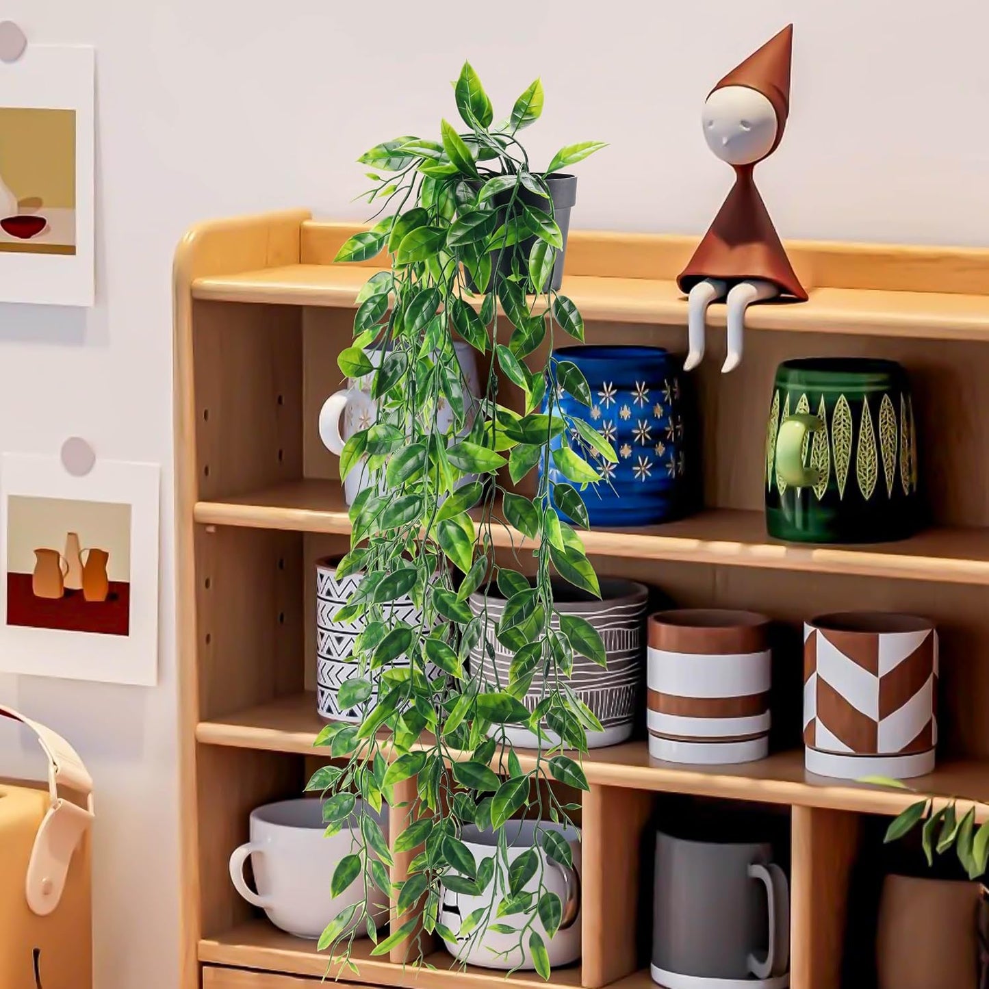 1Pcs Fake Plants Hanging Artificial Potted Faux Eucalyptus Plants for Modern Boho Farmhouse Bathroom Office Desk Wall Art Shelf Living Room Aesthetic Decor Indoor