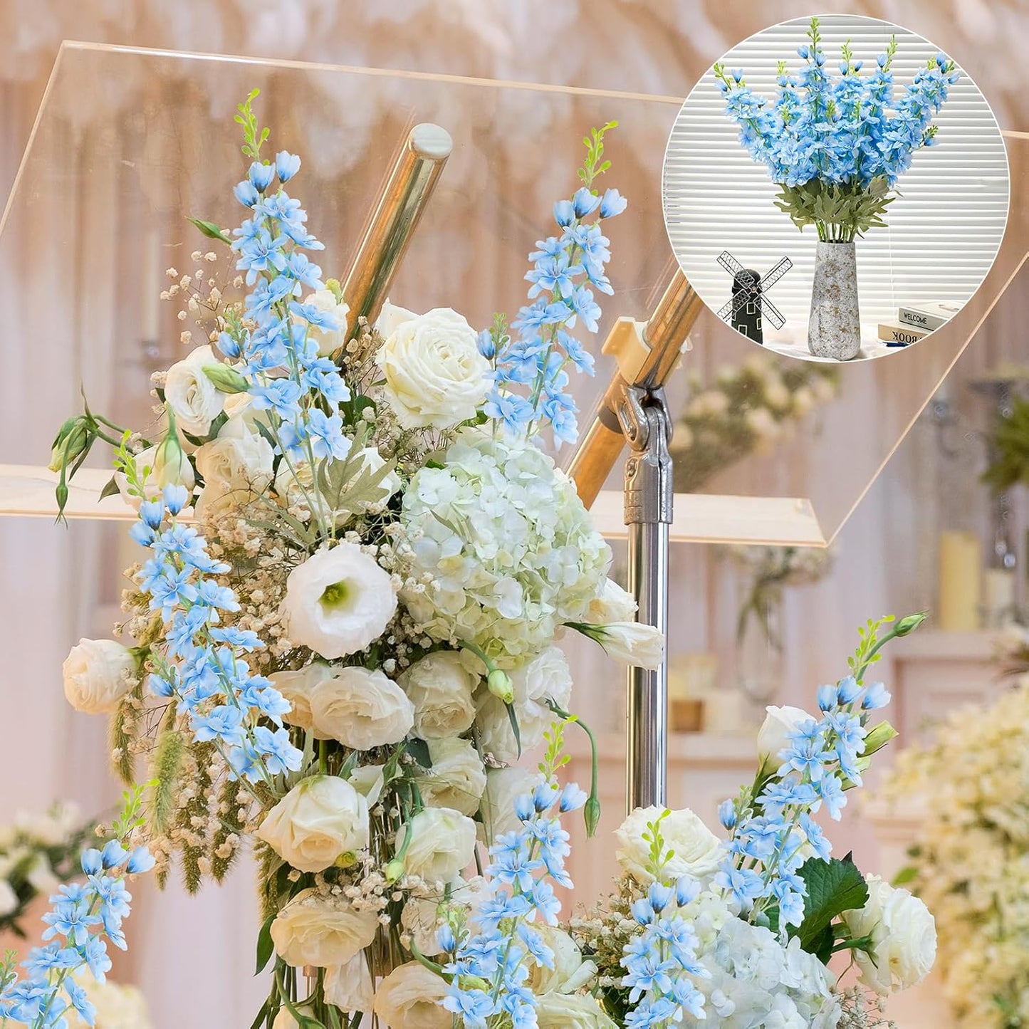 15 Pcs Delphinium Artificial Flowers for Decoration, 27.5 Inch Long Stem Larkspur Fake Flowers Light Blue Faux Silk Bouquets for Tall Vase Wedding Home Decor Floral Arrangements(Light Blue)