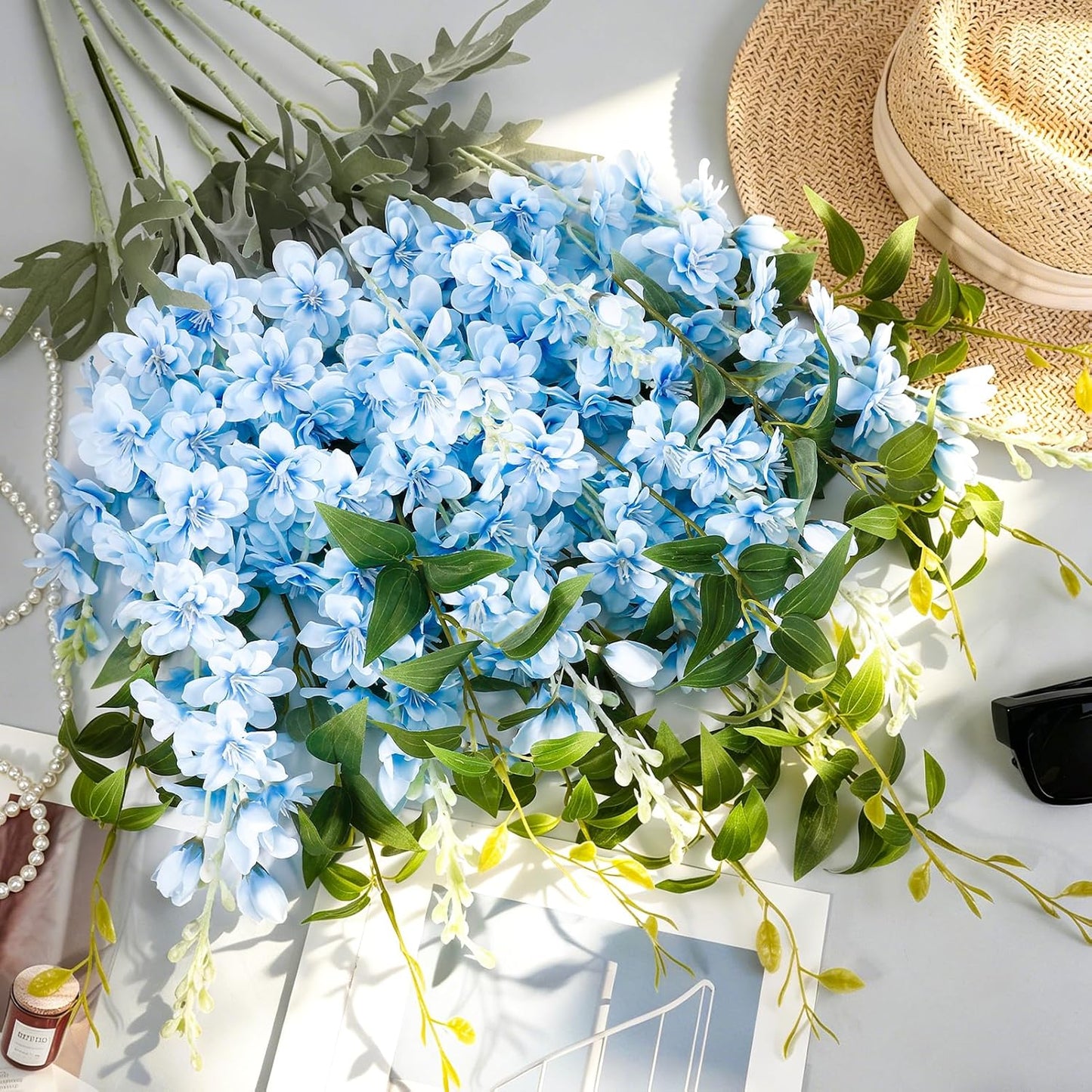 15 Pcs Delphinium Artificial Flowers for Decoration, 27.5 Inch Long Stem Larkspur Fake Flowers Light Blue Faux Silk Bouquets for Tall Vase Wedding Home Decor Floral Arrangements(Light Blue)