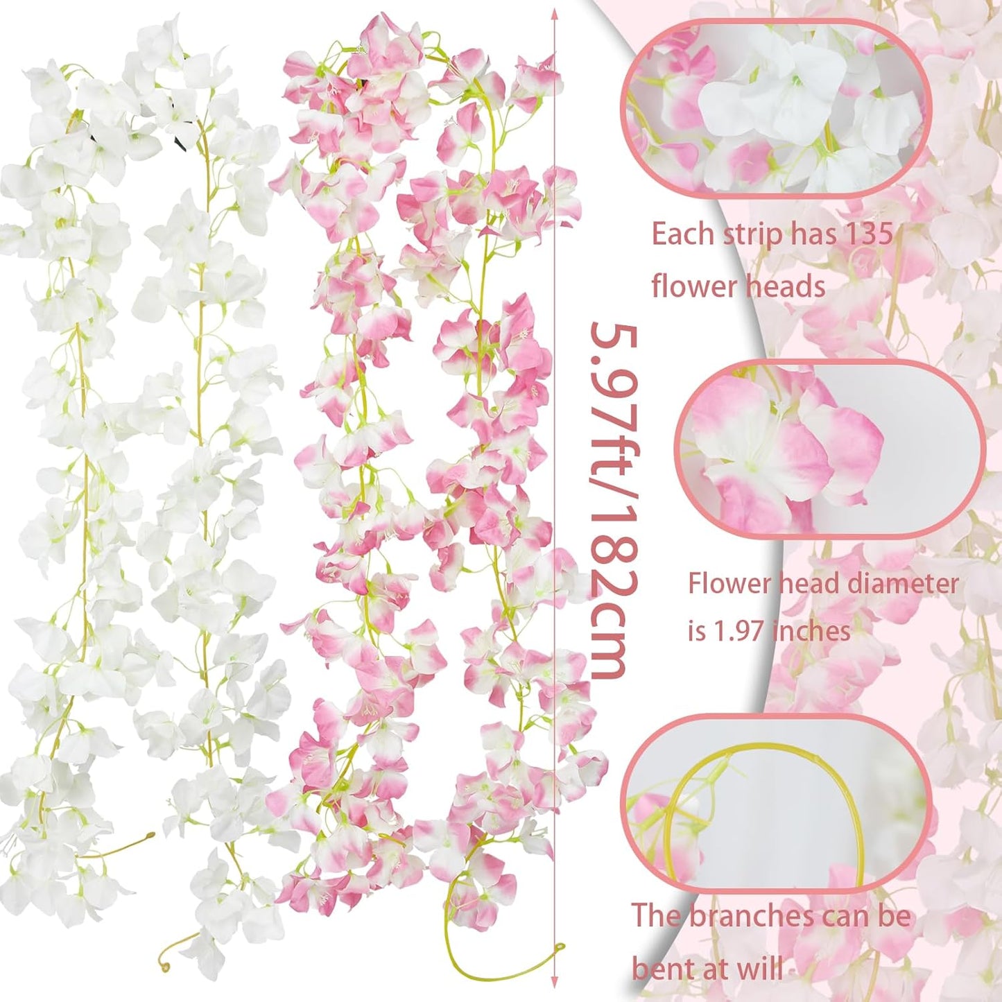 2 Pcs Artificial Bougainvillea Flowers Garland Fake Silk Bougainvilleas Vines Trailing Fuchsia Faux Hanging Flowers Plants Bougainvillea Artificial for Porch Wedding Arch Spring Summer Decor