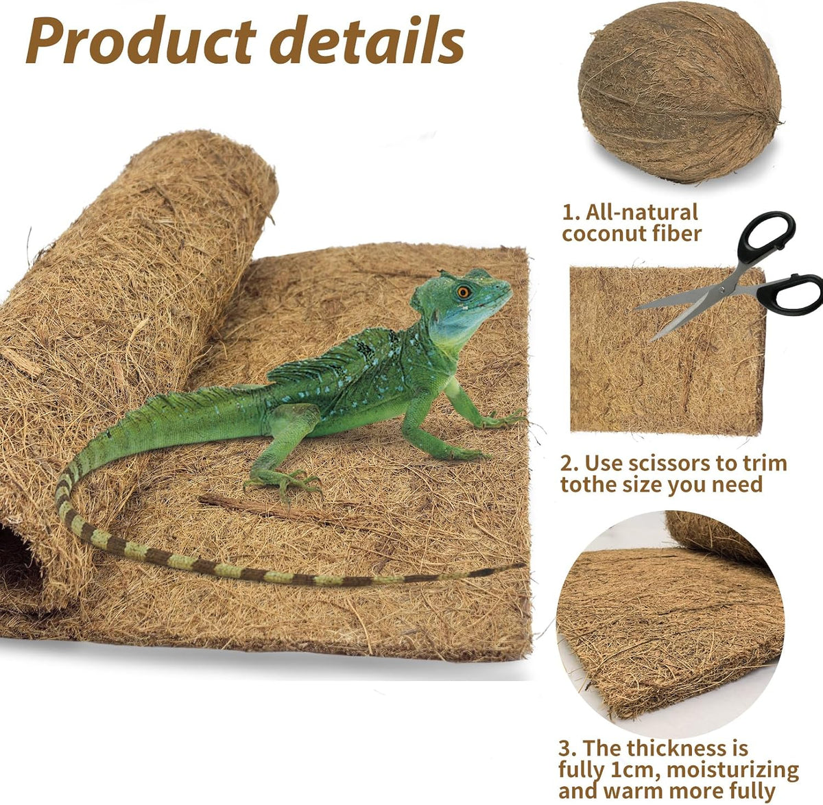 PIVBY 2 PCS Reptile Carpet, Natural Coco Coir Mat (19.6" x 11.7"), Coconut Fiber Substrate Pet Terrarium Liner for Bearded Dragon Tortoise Habitat Lizards Turtles Snakes Iguana Hermit Crab