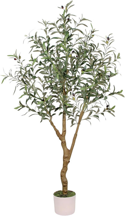 6FT Olive Trees Artificial Indoor - Realistic Artificial Olive Tree Indoor with White Planter, Large Full Fake Plants with Lifelike Fruits and Leaves for Modern Home Office Living Room Decor