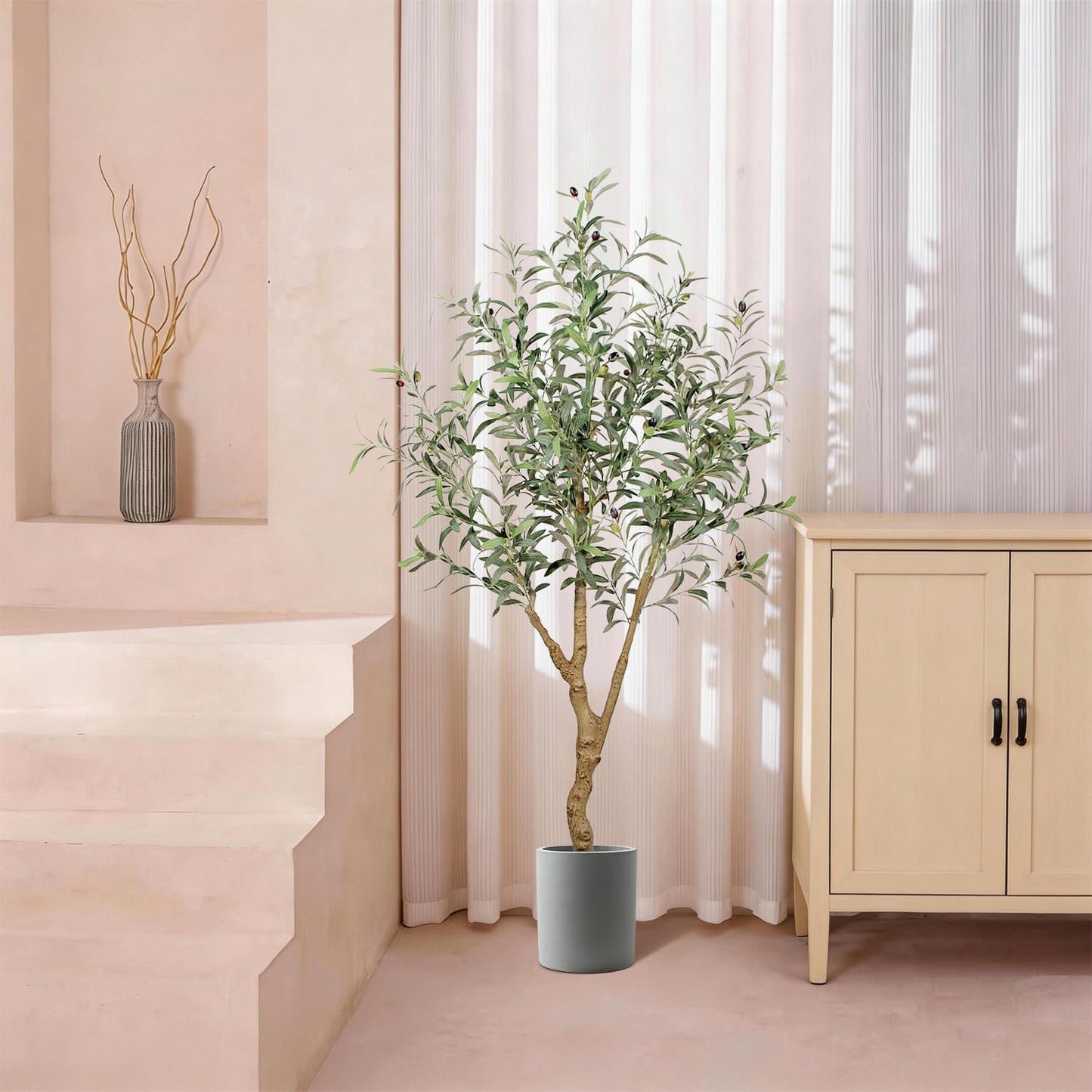 6FT Olive Trees Artificial Indoor - Realistic Artificial Olive Tree Indoor with White Planter, Large Full Fake Plants with Lifelike Fruits and Leaves for Modern Home Office Living Room Decor