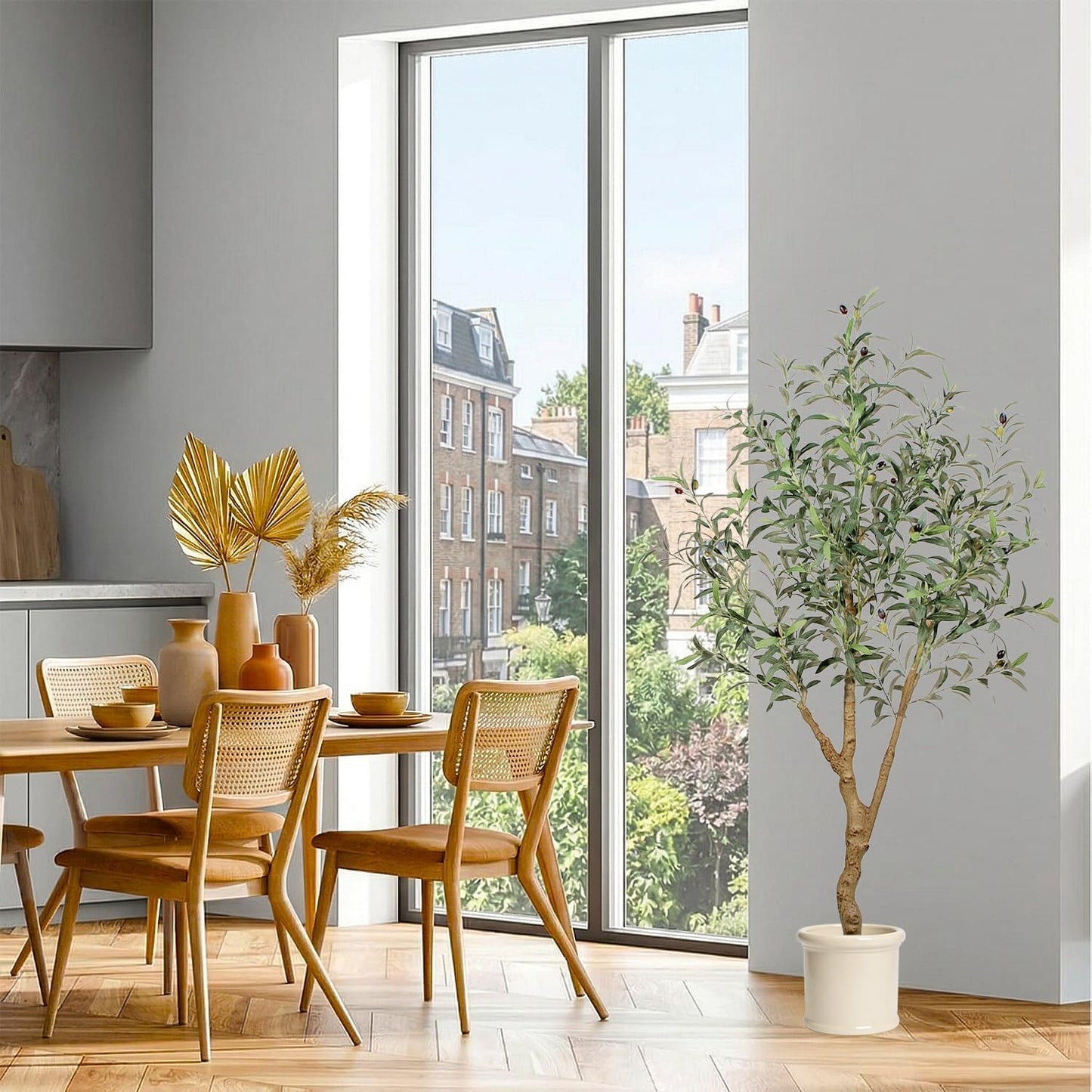 6FT Olive Trees Artificial Indoor - Realistic Artificial Olive Tree Indoor with White Planter, Large Full Fake Plants with Lifelike Fruits and Leaves for Modern Home Office Living Room Decor