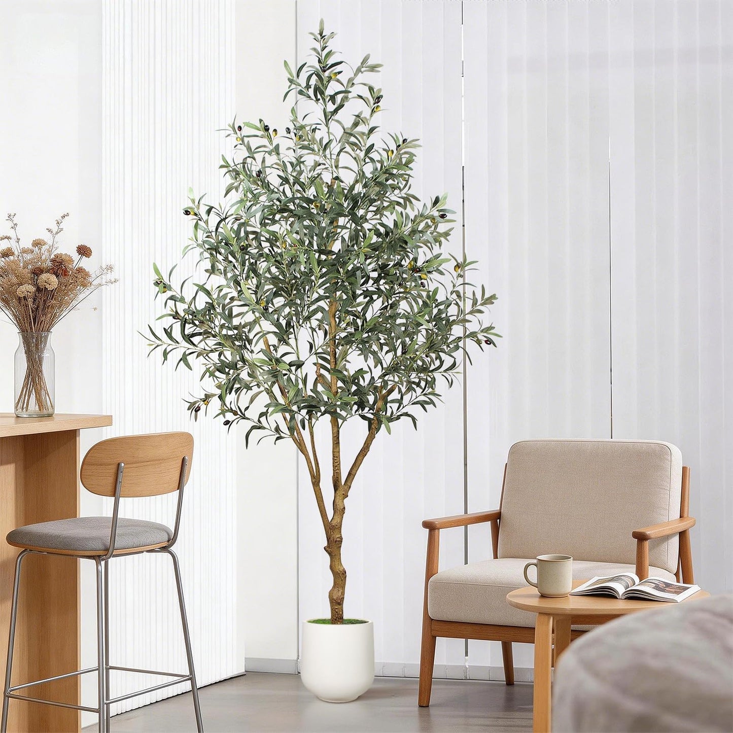 6FT Olive Trees Artificial Indoor - Realistic Artificial Olive Tree Indoor with White Planter, Large Full Fake Plants with Lifelike Fruits and Leaves for Modern Home Office Living Room Decor
