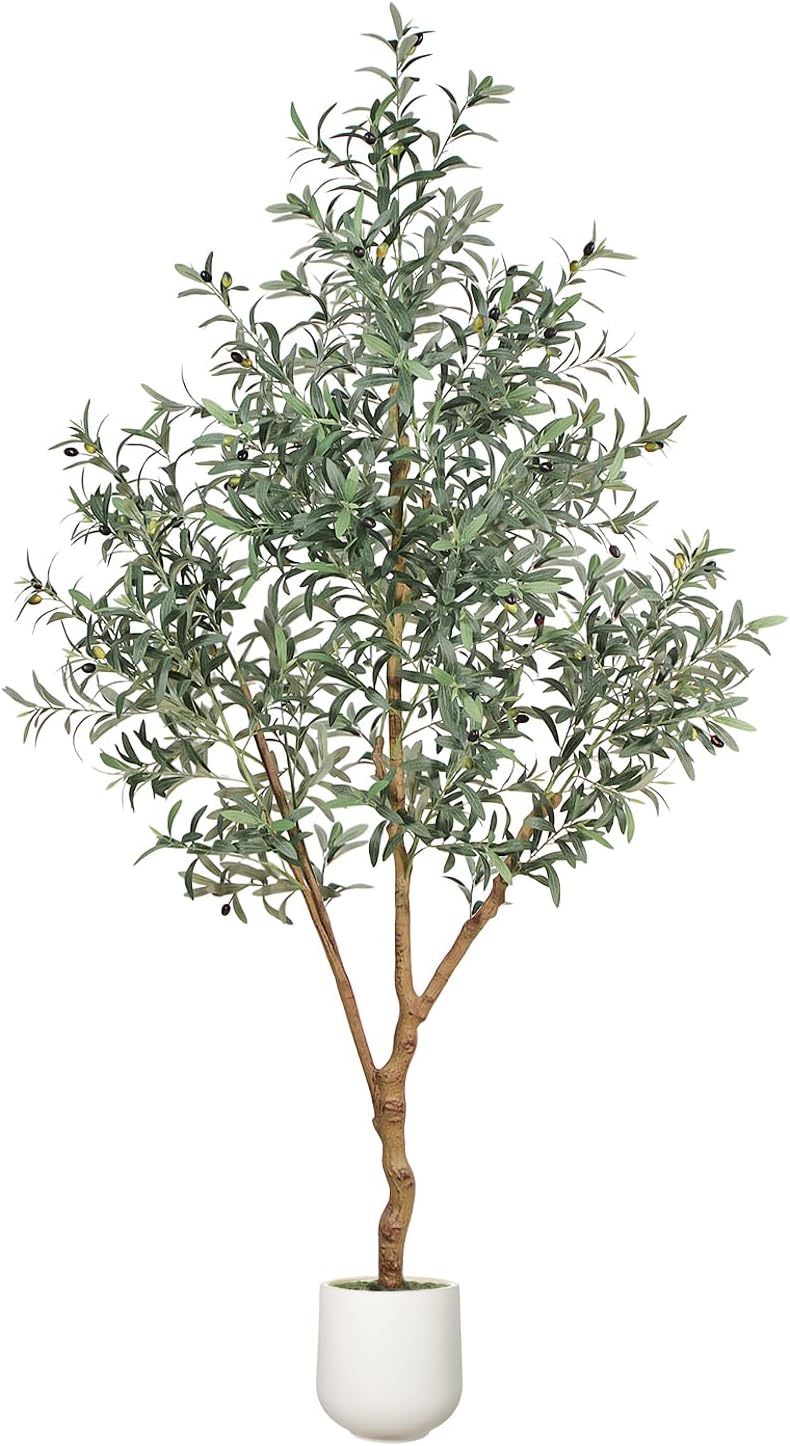 6FT Olive Trees Artificial Indoor - Realistic Artificial Olive Tree Indoor with White Planter, Large Full Fake Plants with Lifelike Fruits and Leaves for Modern Home Office Living Room Decor