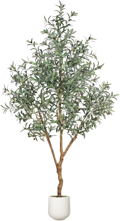 6FT Olive Trees Artificial Indoor - Realistic Artificial Olive Tree Indoor with White Planter, Large Full Fake Plants with Lifelike Fruits and Leaves for Modern Home Office Living Room Decor