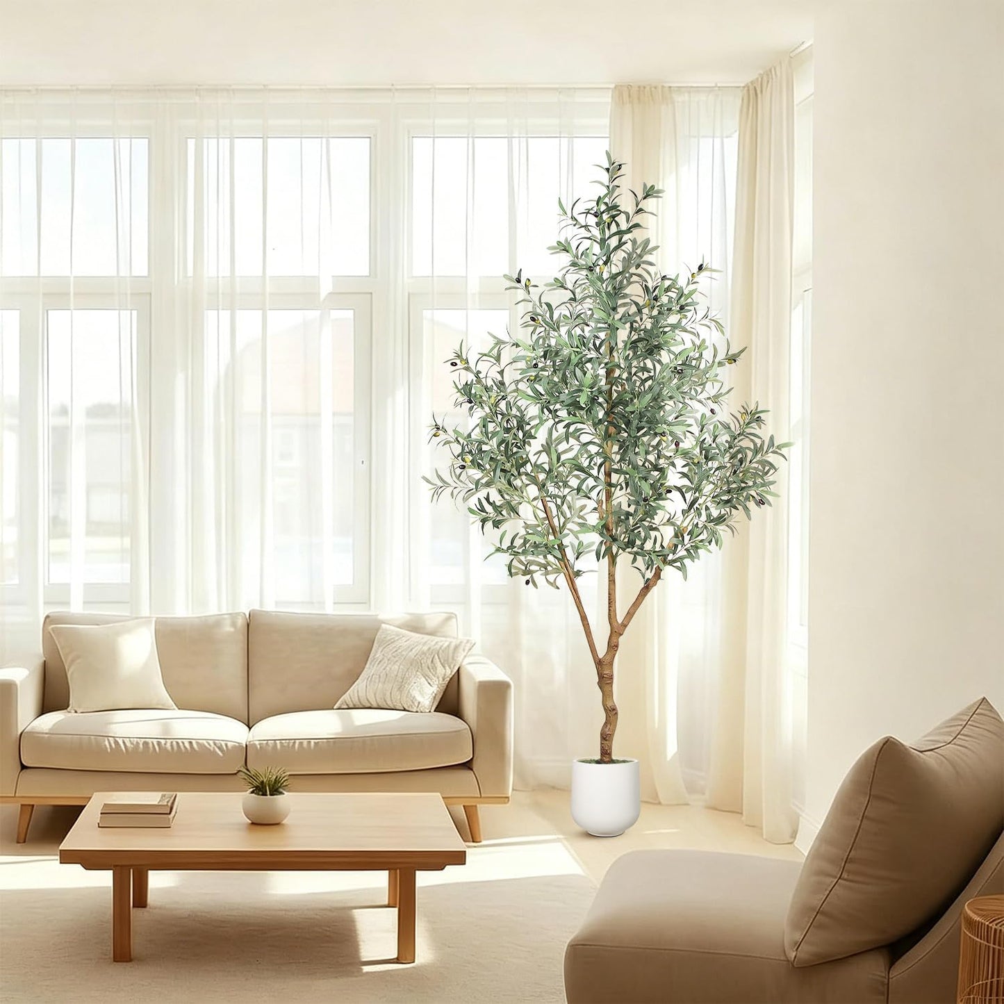 6FT Olive Trees Artificial Indoor - Realistic Artificial Olive Tree Indoor with White Planter, Large Full Fake Plants with Lifelike Fruits and Leaves for Modern Home Office Living Room Decor
