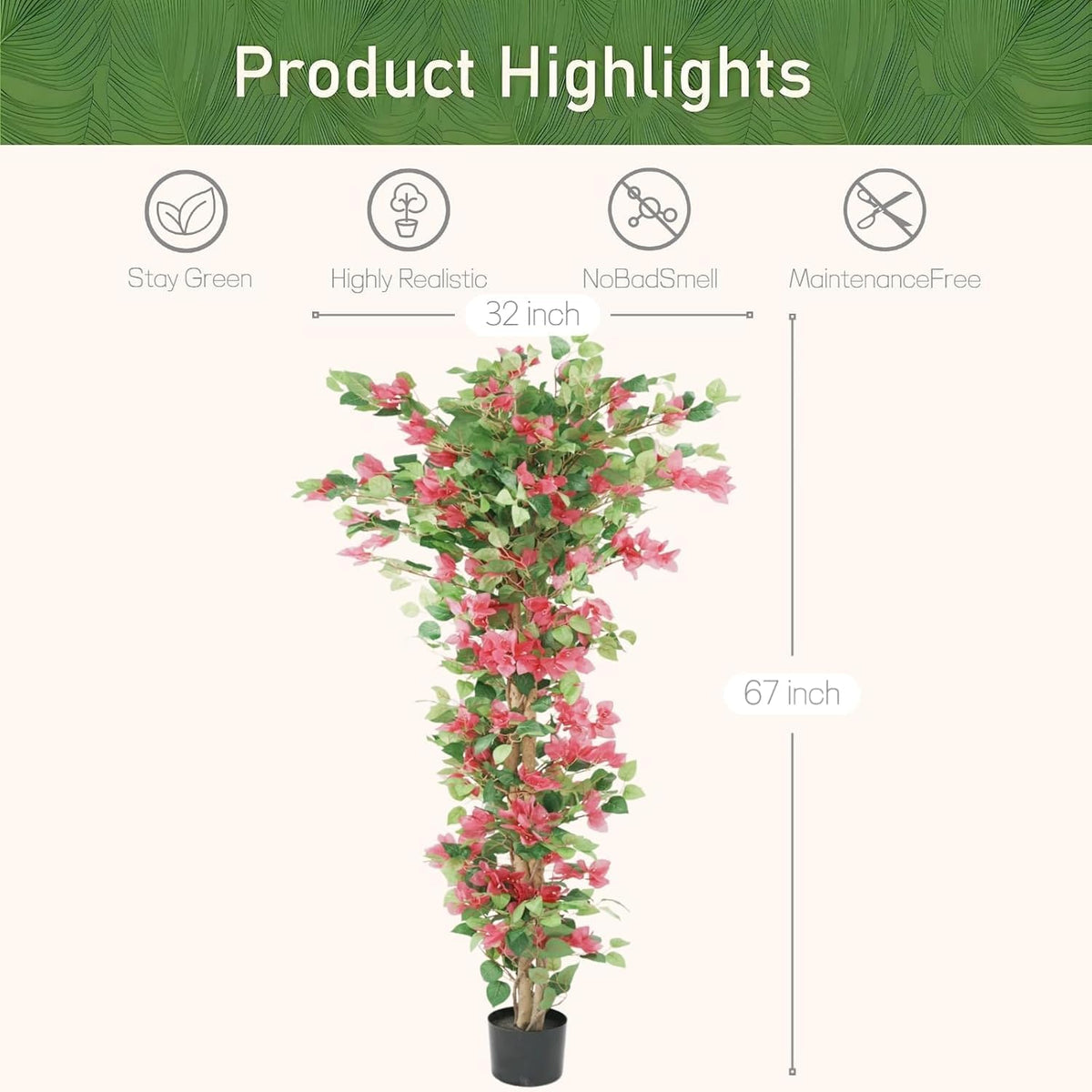 5.6ft Artificial Bougainvillea Tree with Vibrant Flowers in Pot – Lifelike Faux Blooming Plant for Indoor or Outdoor Home, Balcony, Porch & Office Décor,1 Pack