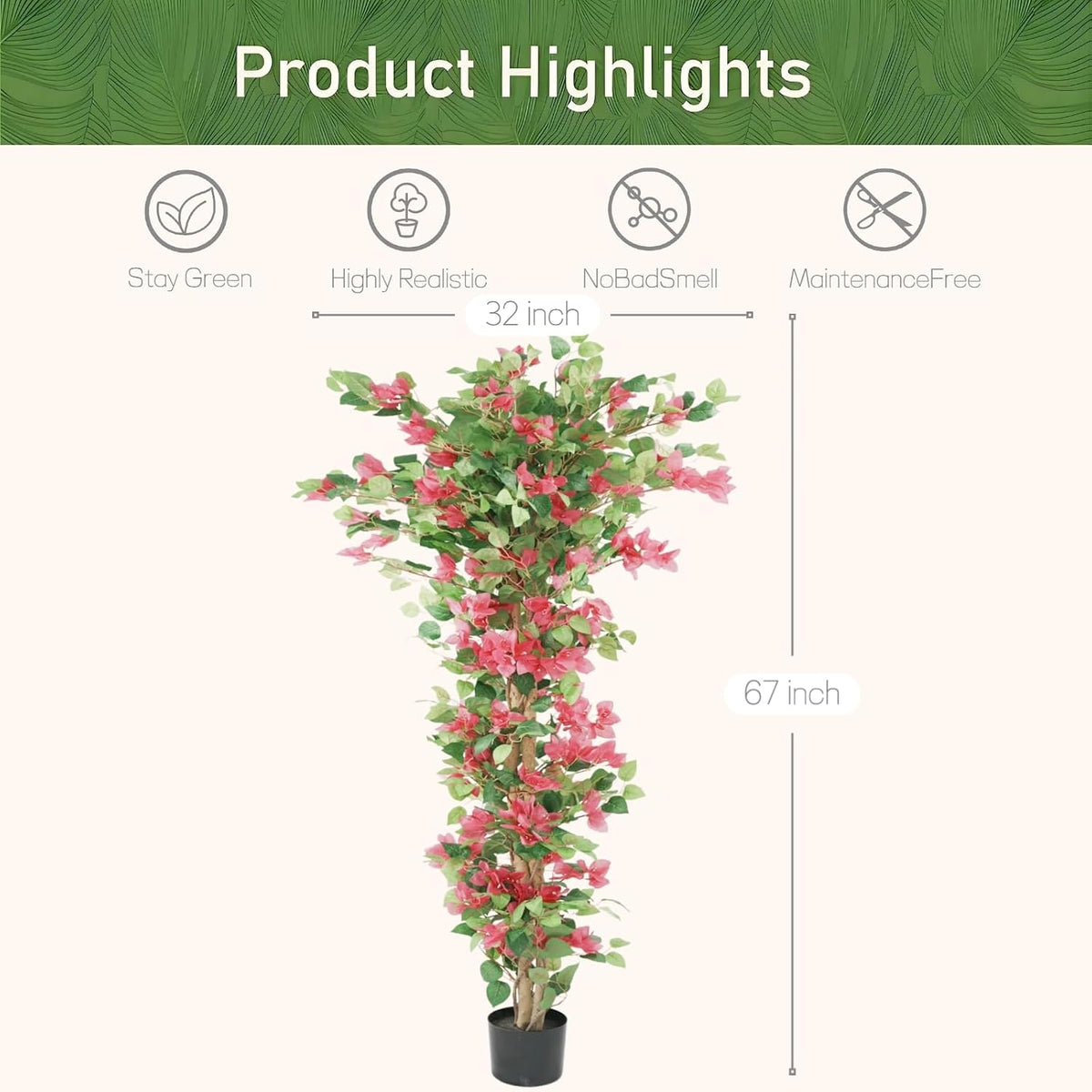 5.6ft Artificial Bougainvillea Tree with Vibrant Flowers in Pot – Lifelike Faux Blooming Plant for Indoor or Outdoor Home, Balcony, Porch & Office Décor,1 Pack