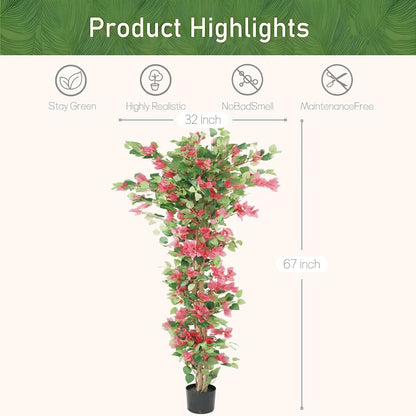 5.6ft Artificial Bougainvillea Tree with Vibrant Flowers in Pot – Lifelike Faux Blooming Plant for Indoor or Outdoor Home, Balcony, Porch & Office Décor,1 Pack