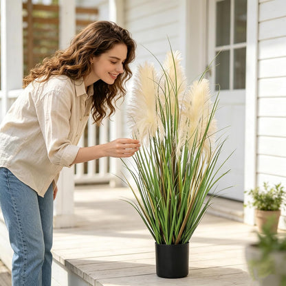 3ft Artificial Pampas Cattail Reed Grass Potted,35in Boho Fake Onion Grass Plant Indoor Outdoor,Home Garden Office Wedding Decor, Faux Greenery Housewarming Gift