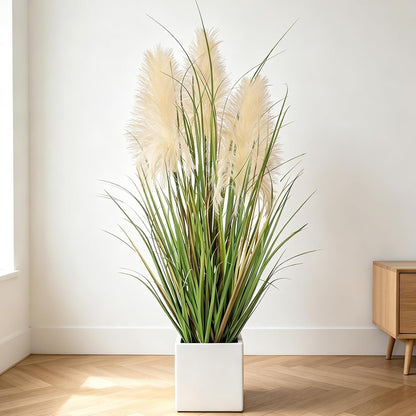 3ft Artificial Pampas Cattail Reed Grass Potted,35in Boho Fake Onion Grass Plant Indoor Outdoor,Home Garden Office Wedding Decor, Faux Greenery Housewarming Gift