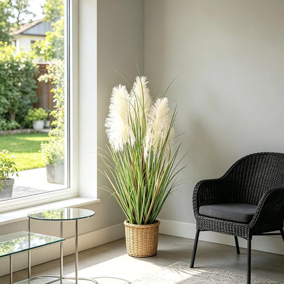 3ft Artificial Pampas Cattail Reed Grass Potted,35in Boho Fake Onion Grass Plant Indoor Outdoor,Home Garden Office Wedding Decor, Faux Greenery Housewarming Gift