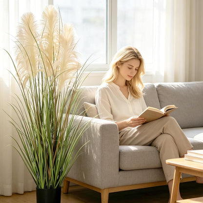 3ft Artificial Pampas Cattail Reed Grass Potted,35in Boho Fake Onion Grass Plant Indoor Outdoor,Home Garden Office Wedding Decor, Faux Greenery Housewarming Gift