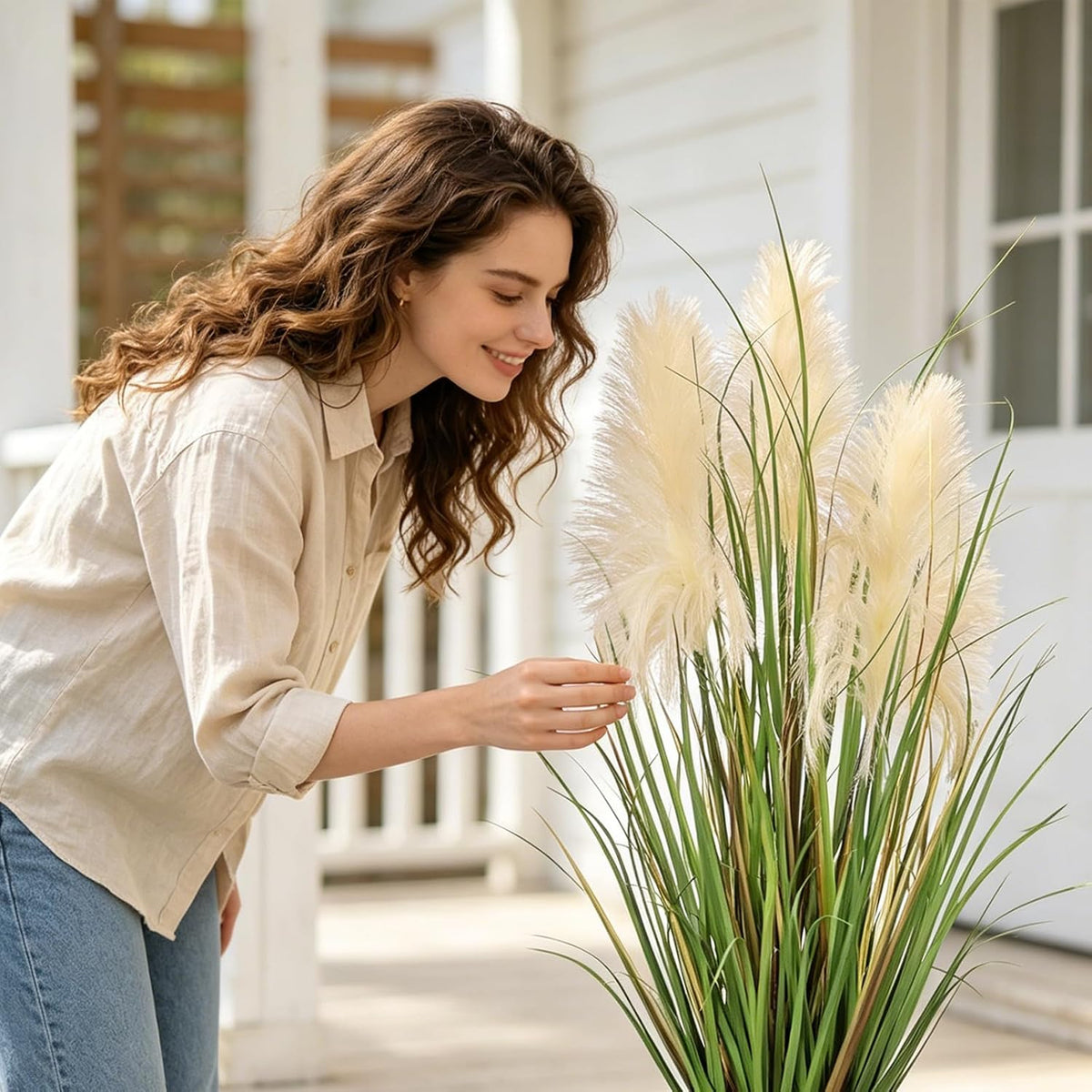 3ft Artificial Pampas Cattail Reed Grass Potted,35in Boho Fake Onion Grass Plant Indoor Outdoor,Home Garden Office Wedding Decor, Faux Greenery Housewarming Gift