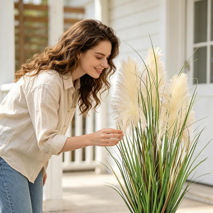 3ft Artificial Pampas Cattail Reed Grass Potted,35in Boho Fake Onion Grass Plant Indoor Outdoor,Home Garden Office Wedding Decor, Faux Greenery Housewarming Gift