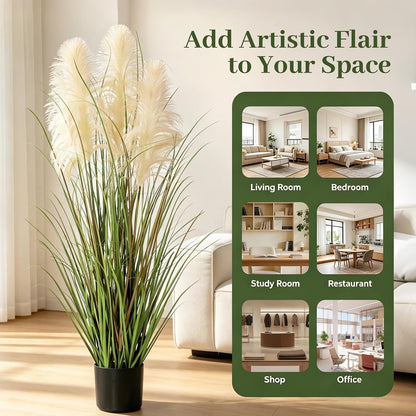 3ft Artificial Pampas Cattail Reed Grass Potted,35in Boho Fake Onion Grass Plant Indoor Outdoor,Home Garden Office Wedding Decor, Faux Greenery Housewarming Gift