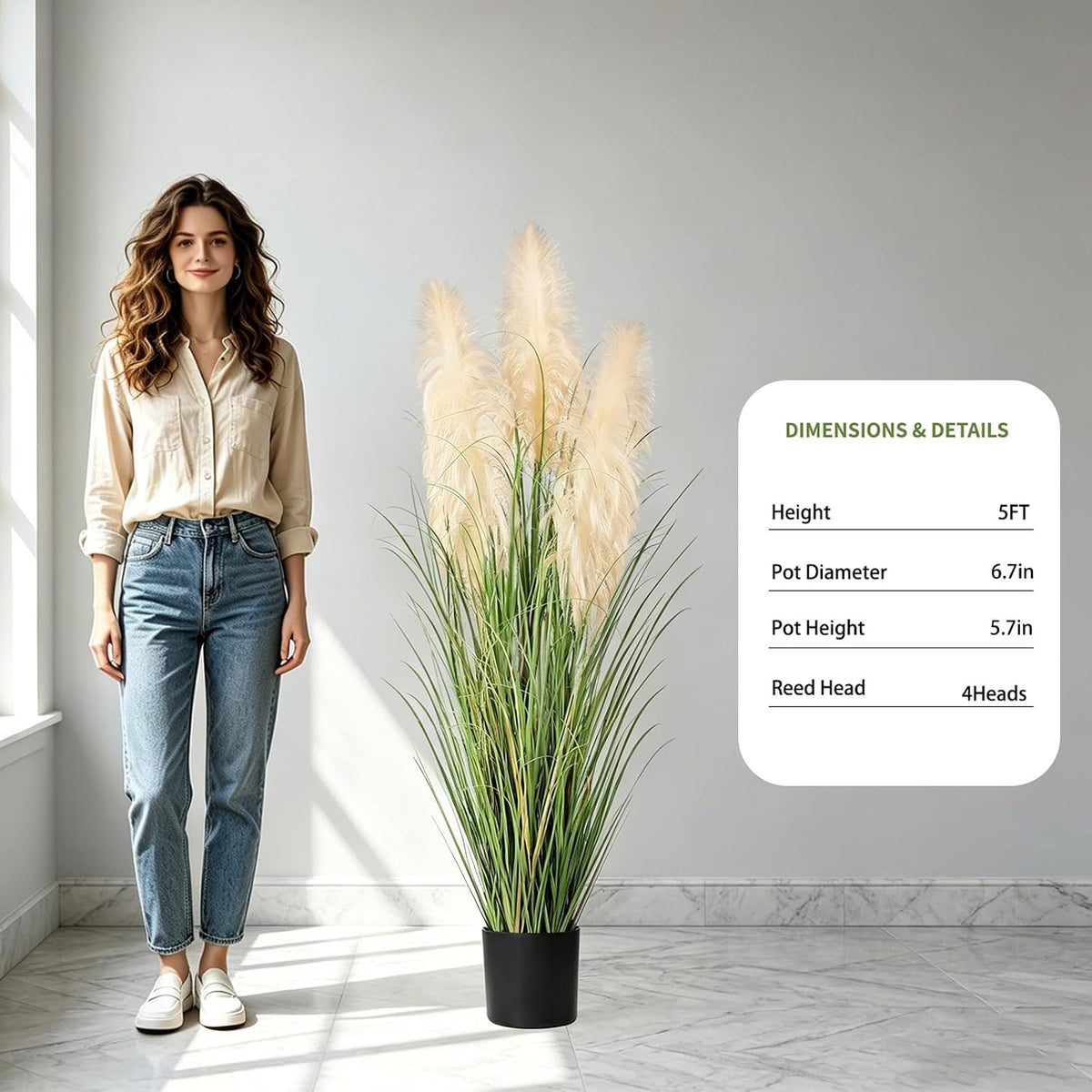 3ft Artificial Pampas Cattail Reed Grass Potted,35in Boho Fake Onion Grass Plant Indoor Outdoor,Home Garden Office Wedding Decor, Faux Greenery Housewarming Gift