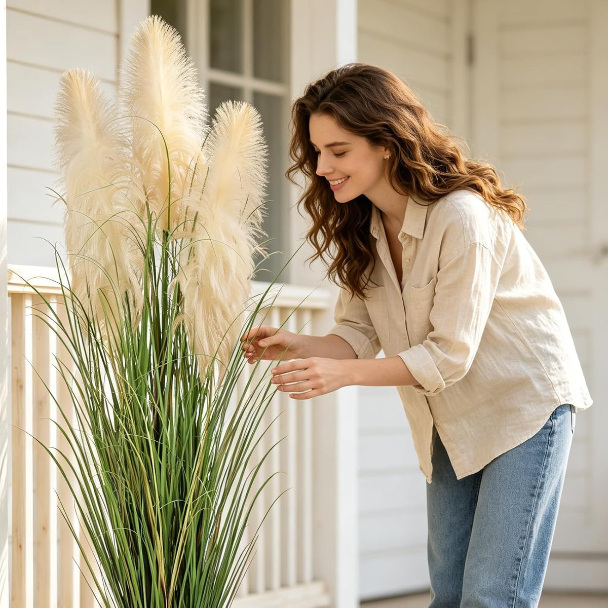 3ft Artificial Pampas Cattail Reed Grass Potted,35in Boho Fake Onion Grass Plant Indoor Outdoor,Home Garden Office Wedding Decor, Faux Greenery Housewarming Gift