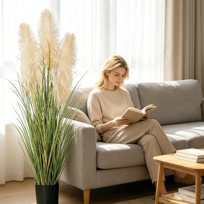 3ft Artificial Pampas Cattail Reed Grass Potted,35in Boho Fake Onion Grass Plant Indoor Outdoor,Home Garden Office Wedding Decor, Faux Greenery Housewarming Gift