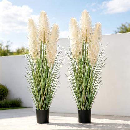 3ft Artificial Pampas Cattail Reed Grass Potted,35in Boho Fake Onion Grass Plant Indoor Outdoor,Home Garden Office Wedding Decor, Faux Greenery Housewarming Gift