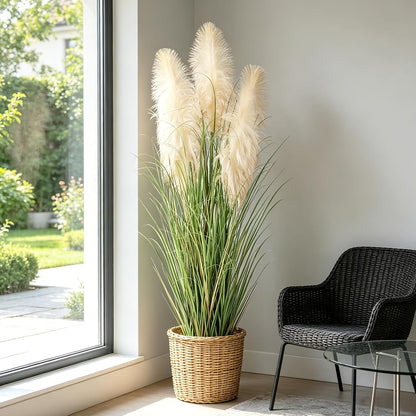 3ft Artificial Pampas Cattail Reed Grass Potted,35in Boho Fake Onion Grass Plant Indoor Outdoor,Home Garden Office Wedding Decor, Faux Greenery Housewarming Gift