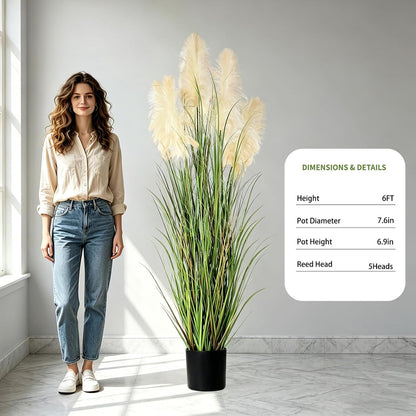 3ft Artificial Pampas Cattail Reed Grass Potted,35in Boho Fake Onion Grass Plant Indoor Outdoor,Home Garden Office Wedding Decor, Faux Greenery Housewarming Gift