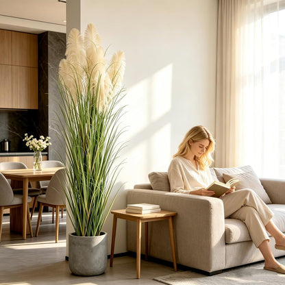 3ft Artificial Pampas Cattail Reed Grass Potted,35in Boho Fake Onion Grass Plant Indoor Outdoor,Home Garden Office Wedding Decor, Faux Greenery Housewarming Gift