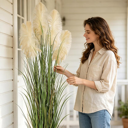 3ft Artificial Pampas Cattail Reed Grass Potted,35in Boho Fake Onion Grass Plant Indoor Outdoor,Home Garden Office Wedding Decor, Faux Greenery Housewarming Gift