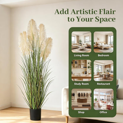 3ft Artificial Pampas Cattail Reed Grass Potted,35in Boho Fake Onion Grass Plant Indoor Outdoor,Home Garden Office Wedding Decor, Faux Greenery Housewarming Gift