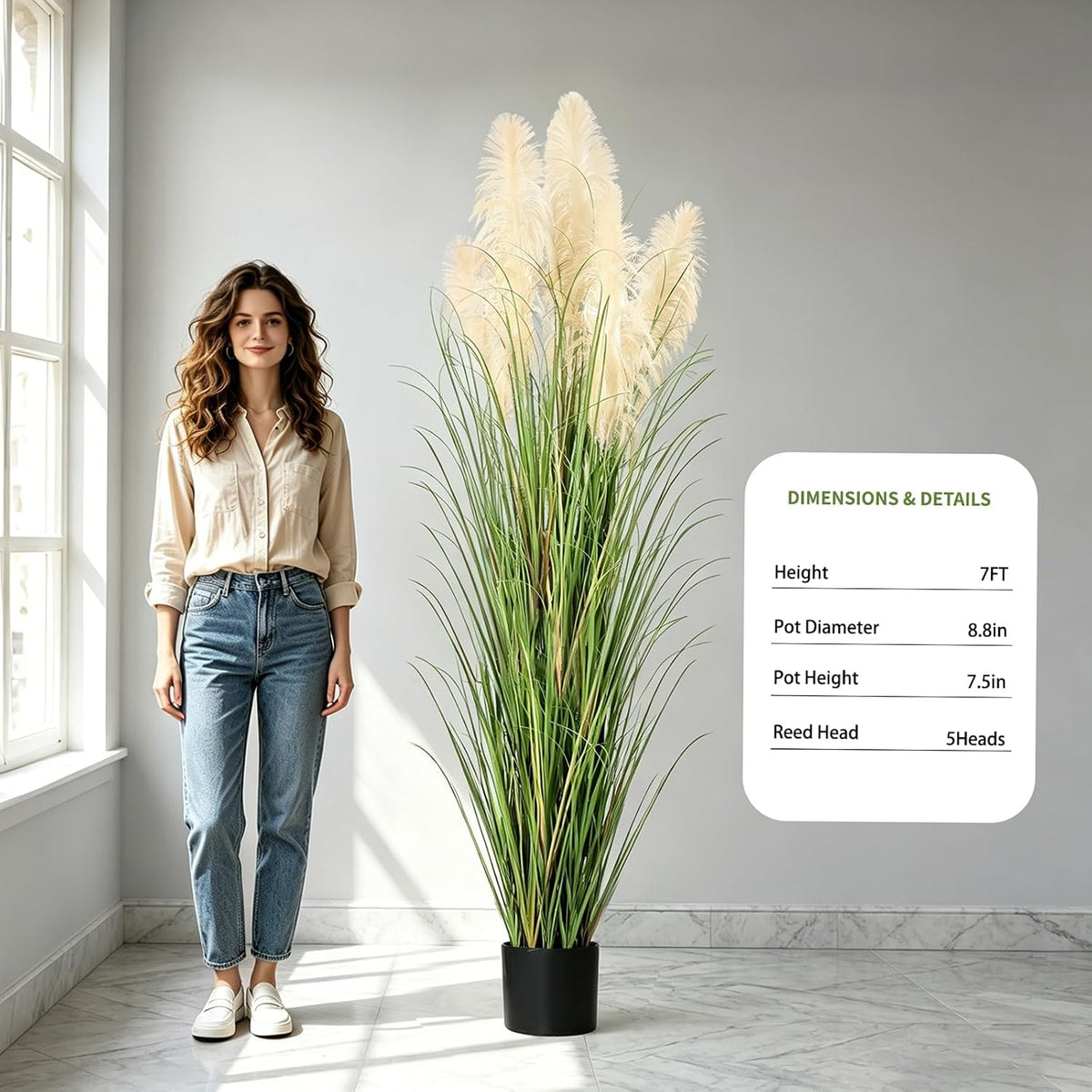3ft Artificial Pampas Cattail Reed Grass Potted,35in Boho Fake Onion Grass Plant Indoor Outdoor,Home Garden Office Wedding Decor, Faux Greenery Housewarming Gift