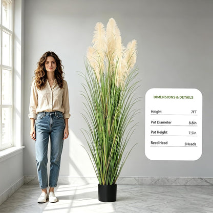 3ft Artificial Pampas Cattail Reed Grass Potted,35in Boho Fake Onion Grass Plant Indoor Outdoor,Home Garden Office Wedding Decor, Faux Greenery Housewarming Gift