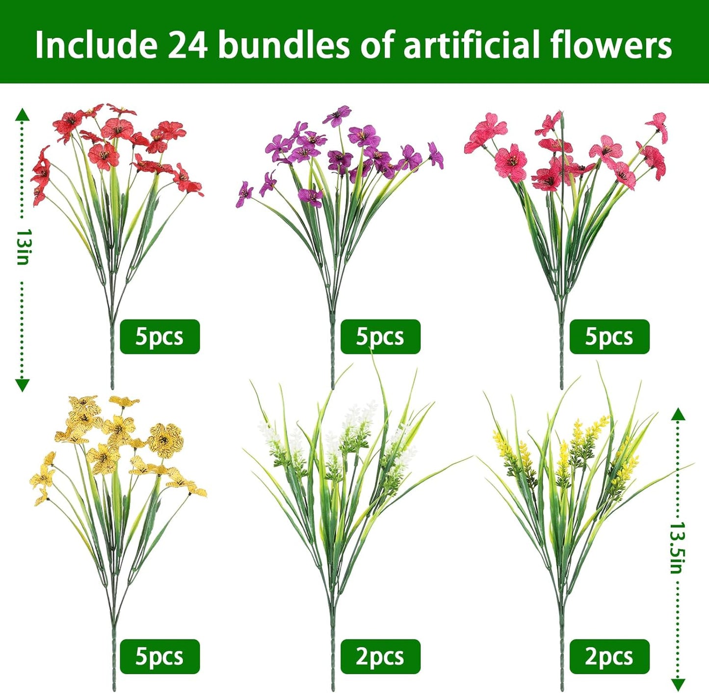 16 Bundles Artificial Plants Outdoor, UV Resistant Fake Lavender & Monkey Grass, Realistic Plastic Faux Plants for Balcony, Patio, Porch Greenery Decor, Planter Filler(White)
