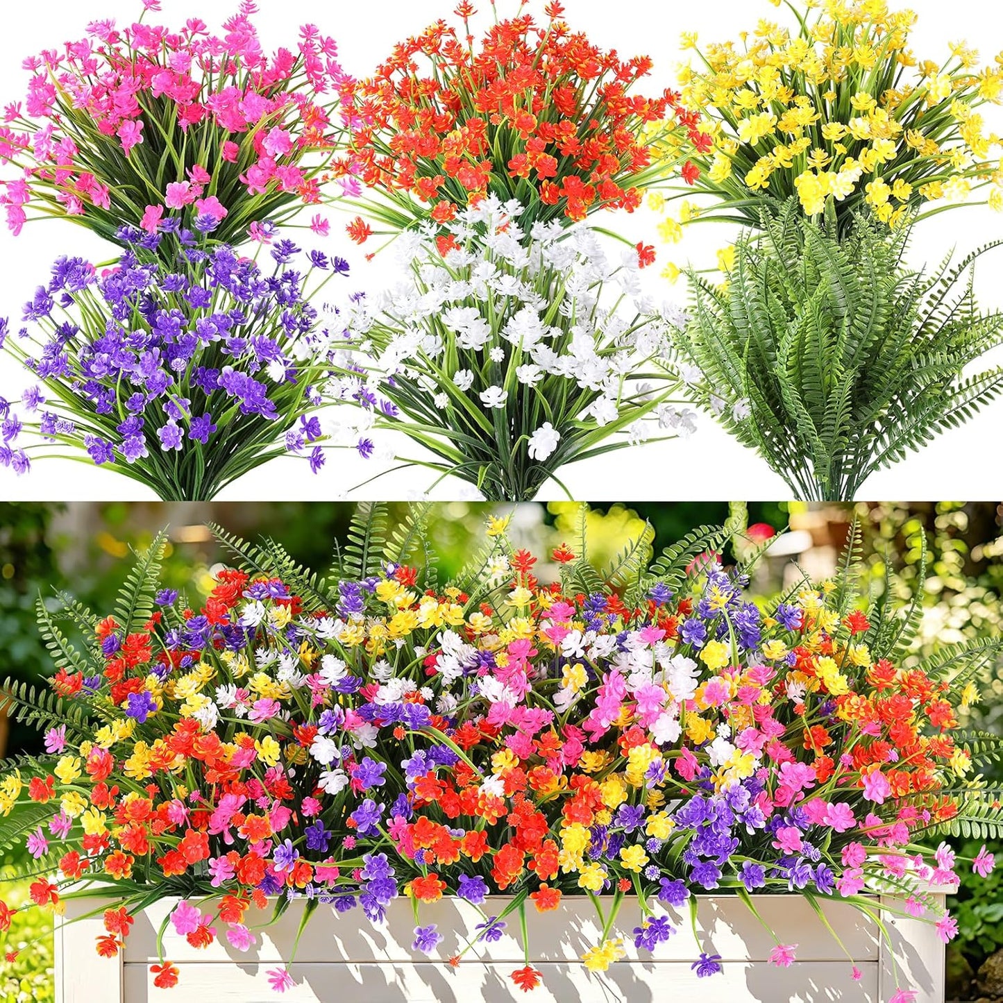 16 Bundles Artificial Plants Outdoor, UV Resistant Fake Lavender & Monkey Grass, Realistic Plastic Faux Plants for Balcony, Patio, Porch Greenery Decor, Planter Filler(White)