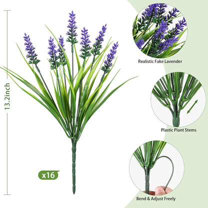 16 Bundles Artificial Plants Outdoor, UV Resistant Fake Lavender & Monkey Grass, Realistic Plastic Faux Plants for Balcony, Patio, Porch Greenery Decor, Planter Filler(White)