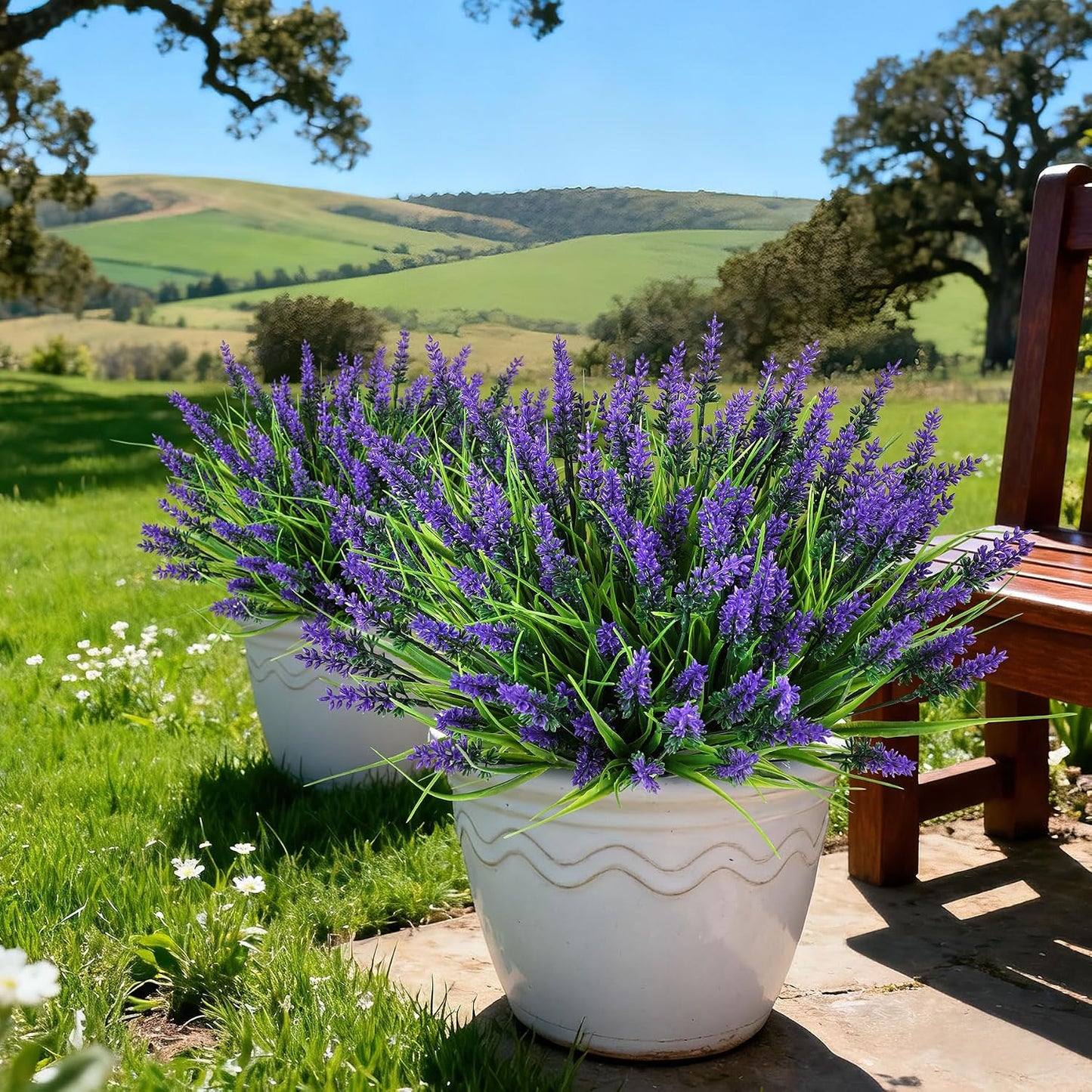 16 Bundles Artificial Plants Outdoor, UV Resistant Fake Lavender & Monkey Grass, Realistic Plastic Faux Plants for Balcony, Patio, Porch Greenery Decor, Planter Filler(White)