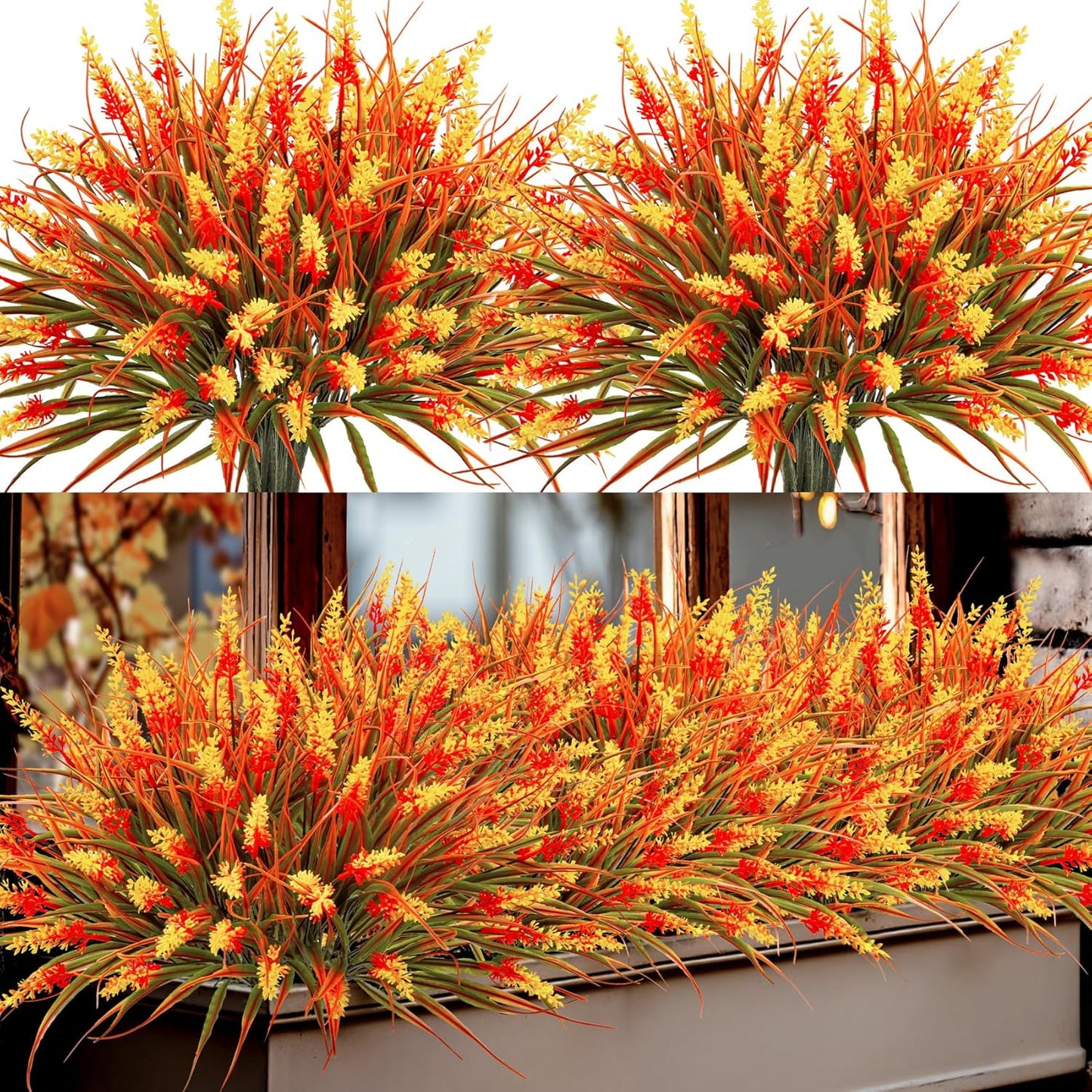 24 Bundles Fake Lavender Artificial Flowers for Outdoors, Purple | UV resistant, plastic lavender with monkey grass, faux plants, home porch garden window box outdoor indoor decorations