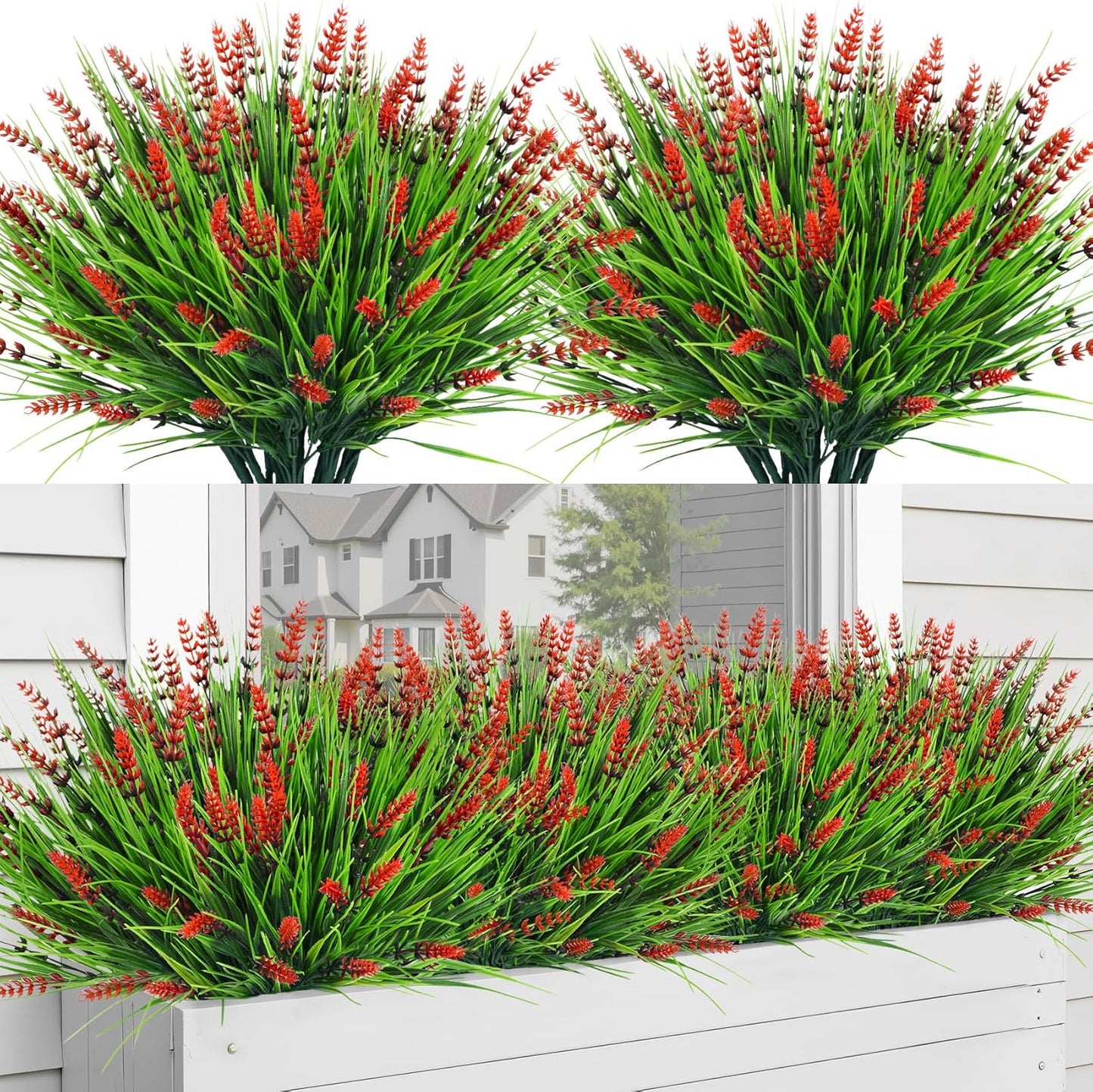 24 Bundles Fake Lavender Artificial Flowers for Outdoors, Purple | UV resistant, plastic lavender with monkey grass, faux plants, home porch garden window box outdoor indoor decorations