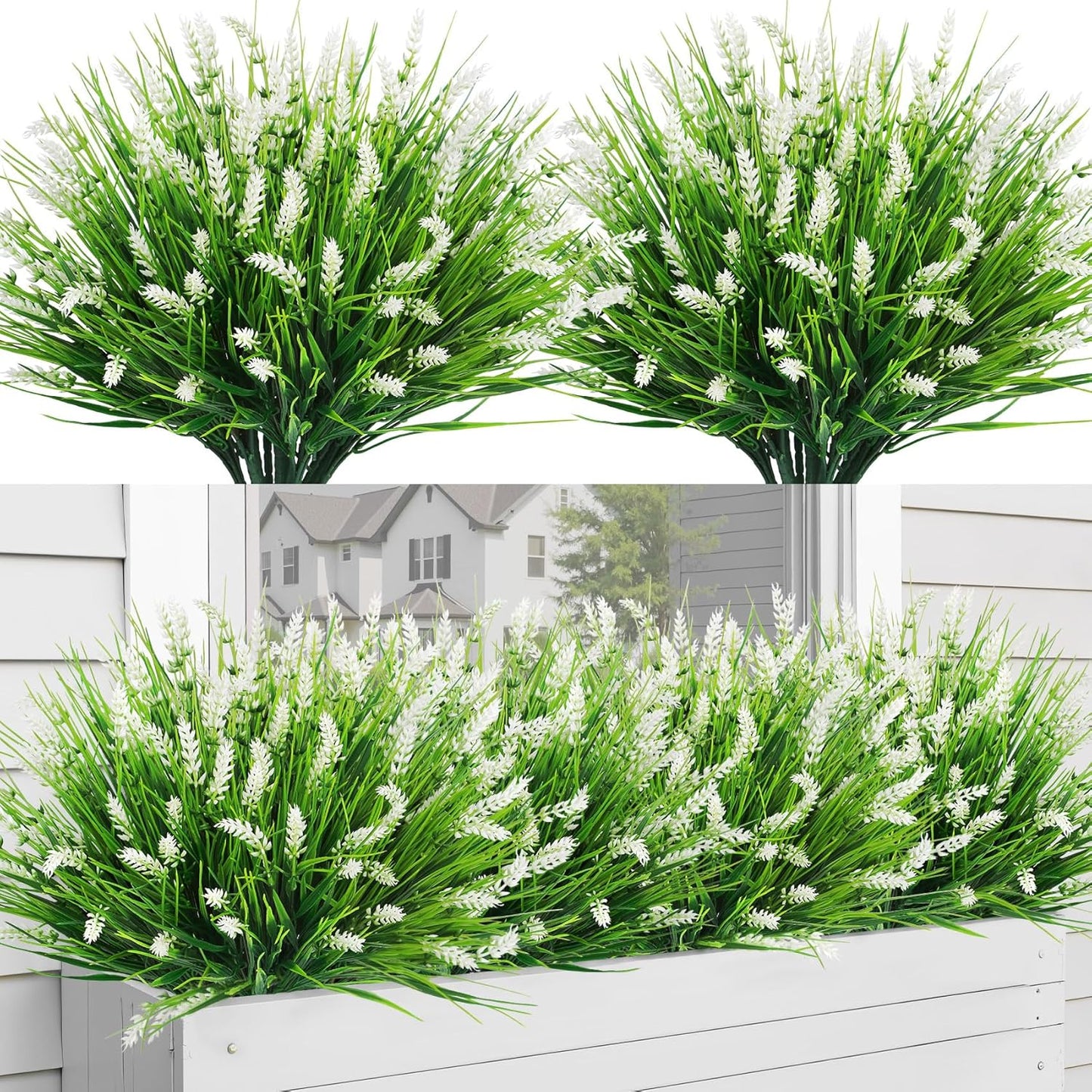 24 Bundles Fake Lavender Artificial Flowers for Outdoors, Purple | UV resistant, plastic lavender with monkey grass, faux plants, home porch garden window box outdoor indoor decorations
